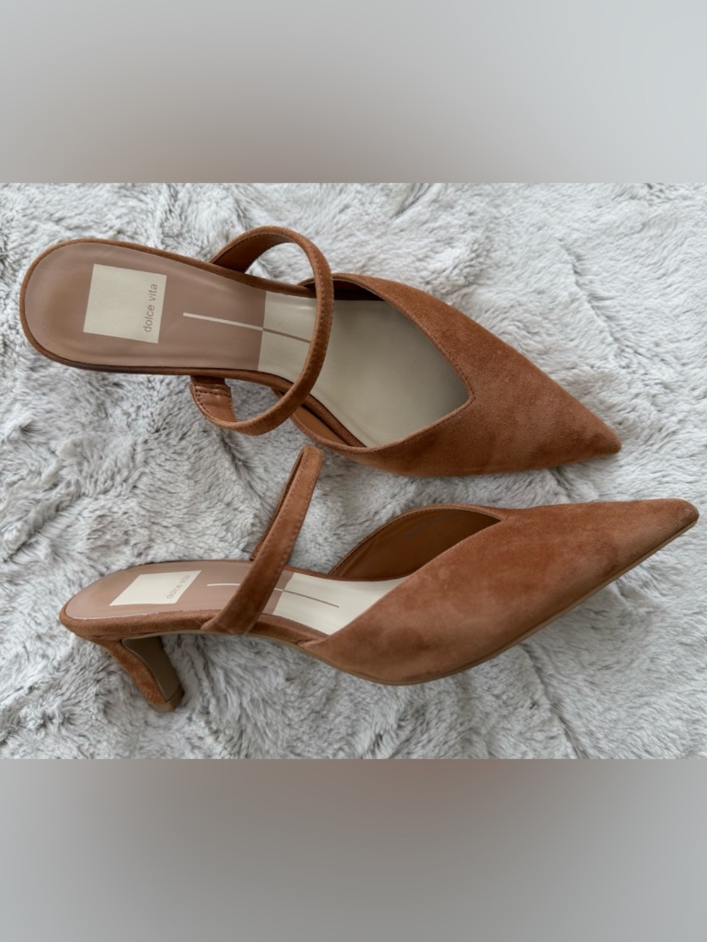 Dolce Vita Cognac Suede Pointed-Toe Heeled Mules with Strap - Picture 2 of 8